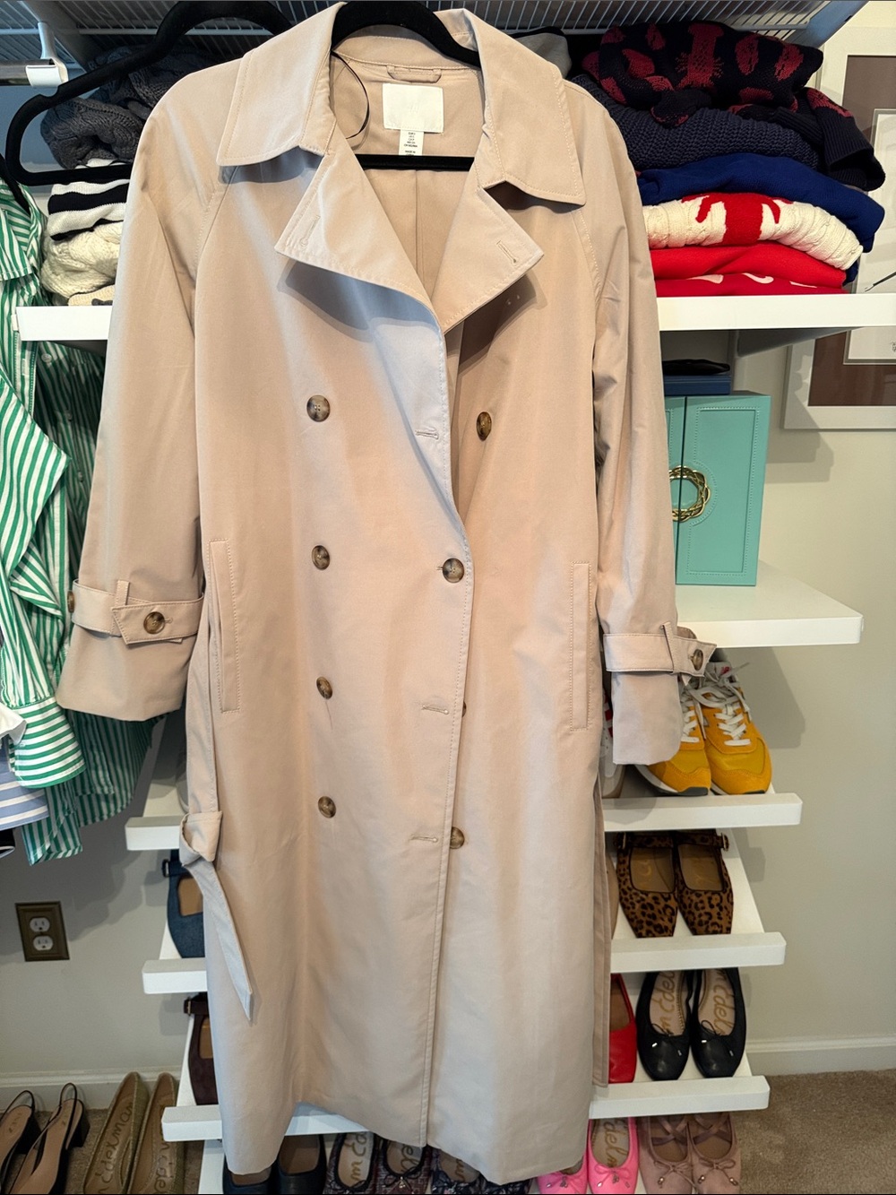 H&M Light Blush Double-Breasted Trench Coat with Waist Tie - Picture 6 of 12